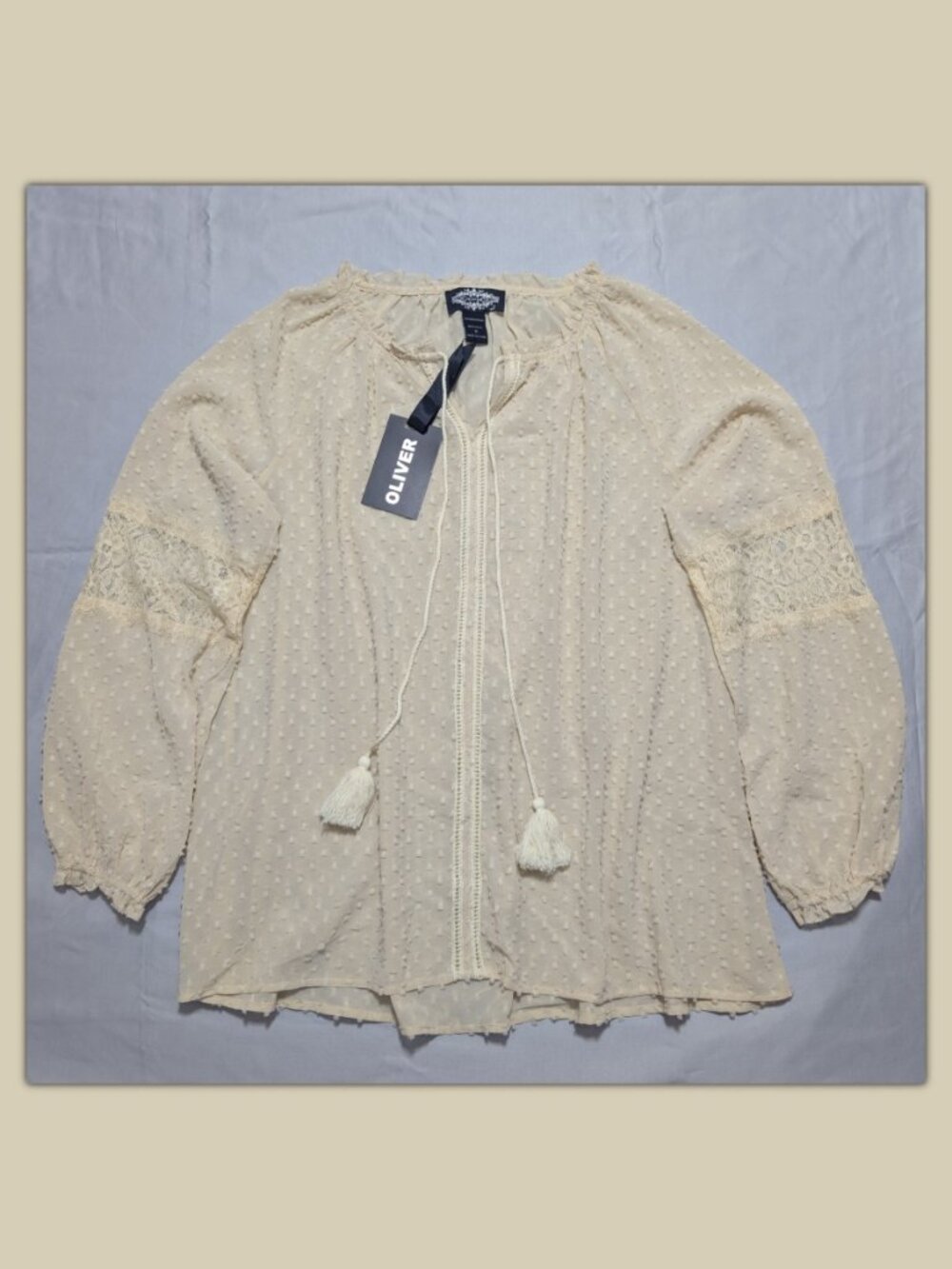 Oliver by Escio Semi-Sheer Clip Dot & Lace Tassel Tie Peasant Blouse - Women's M